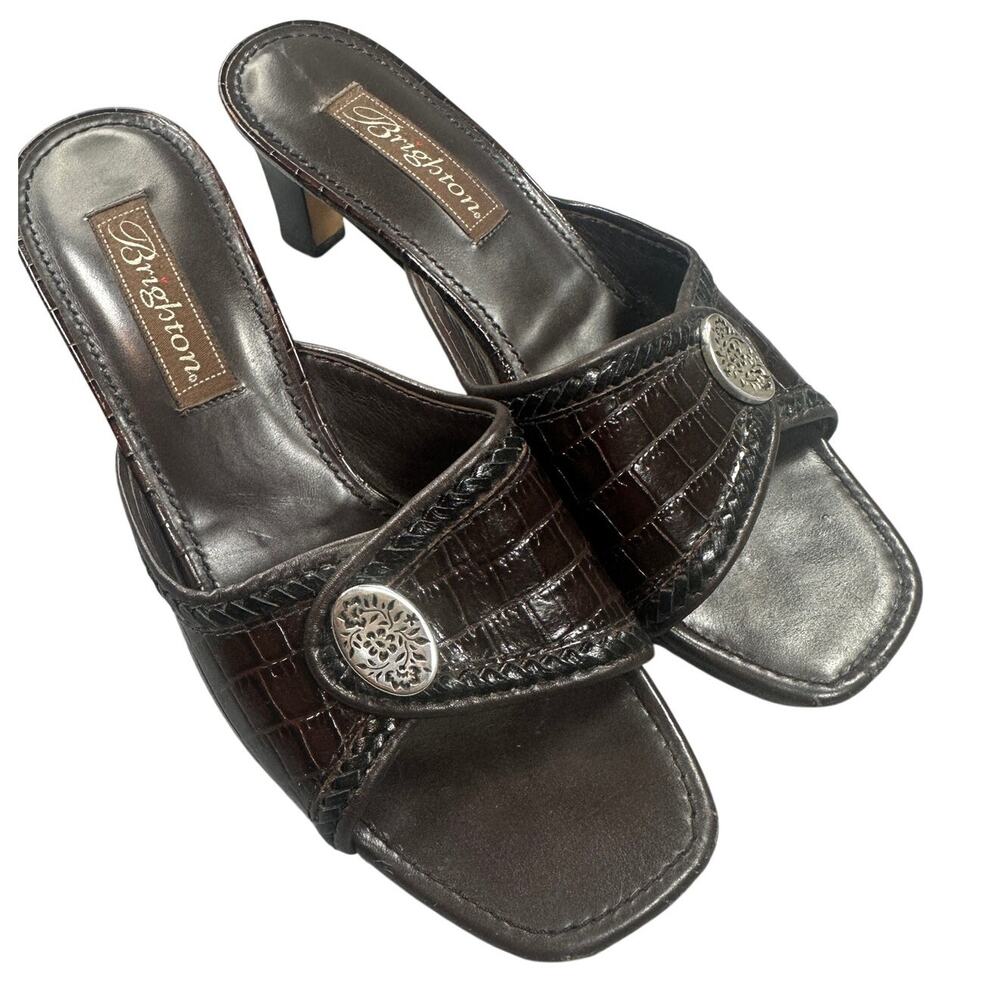 Brighton Parker Brown Croc Embossed Leather Heeled Mule Slide Sandals 7W